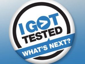 Black, blue, and white "I got tested. What's next?" button