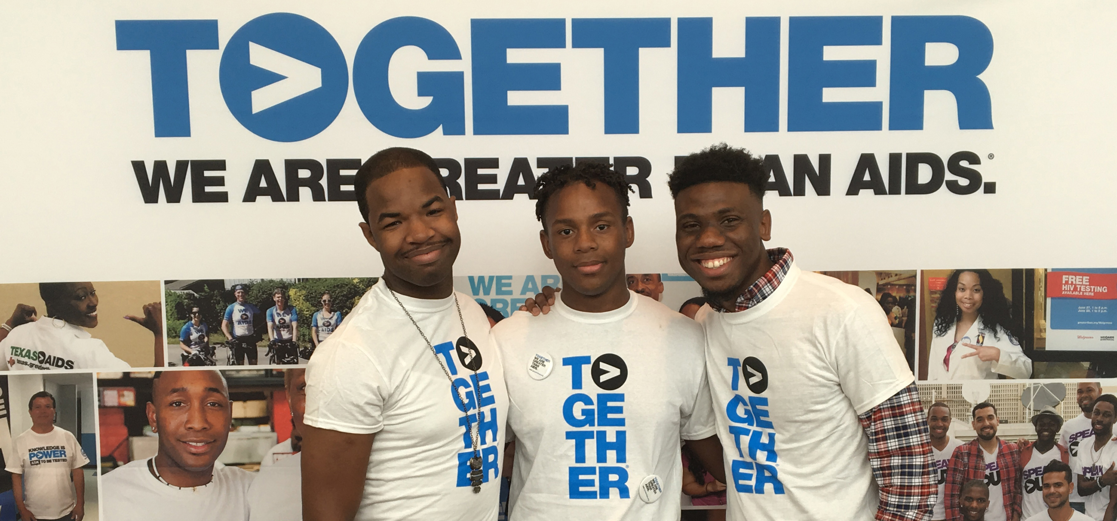 Three men smiling with Greater Than AIDS shirts at USCA 2017