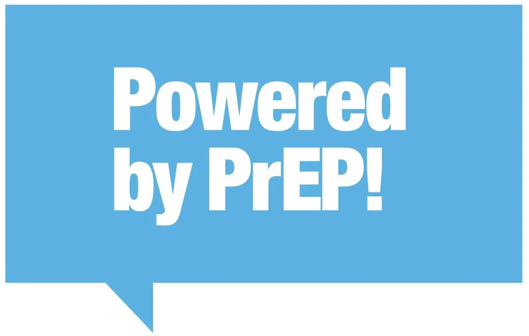 Powered by PrEP! written in white in a light blue speech bubble