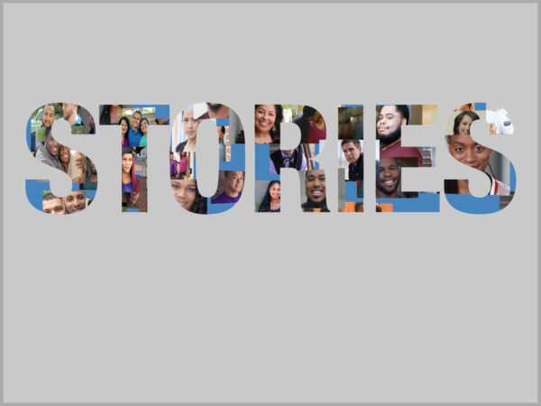The word 'Stories' filled with images of people